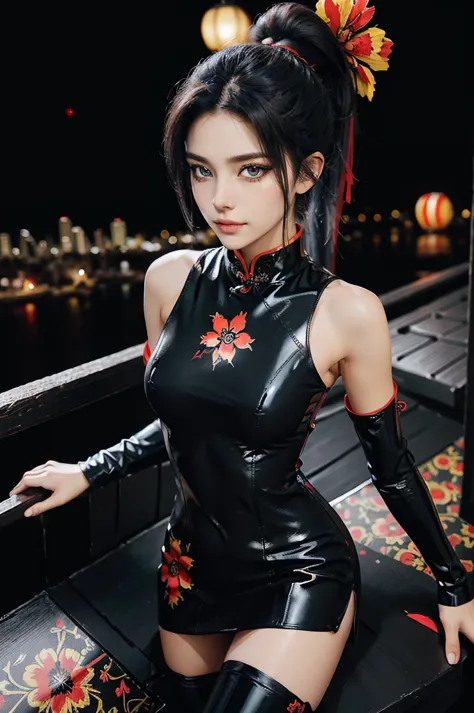 (RAW photo, best quality), Cute girl with short black hair, (ponytail), (city roof at night background), low light , dark eyelin...