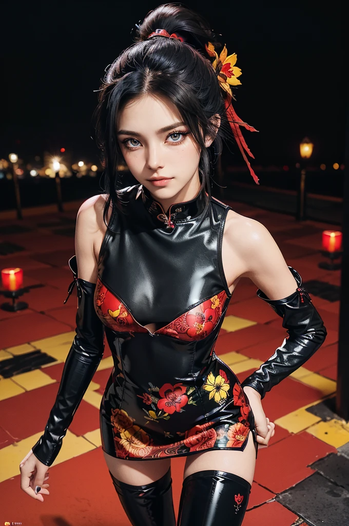 (RAW photo, best quality), Cute girl with short black hair, (ponytail), (city roof at night background), low light , dark eyeliner, innocent smile, gorgeous face , super cute, 18 years old , young looking, hyper detailed face, dark eyeliner, (medium breast), (thin waist, super slender), (bare shoulders, (exposed hips), skintight black and red PVC qipao short dress with yellow flower decoration and vivid red patterns, deep black leather thigh high boots, black and red PVC arm sleeves with yellow flower decorations and vivid red patterns, cleavage