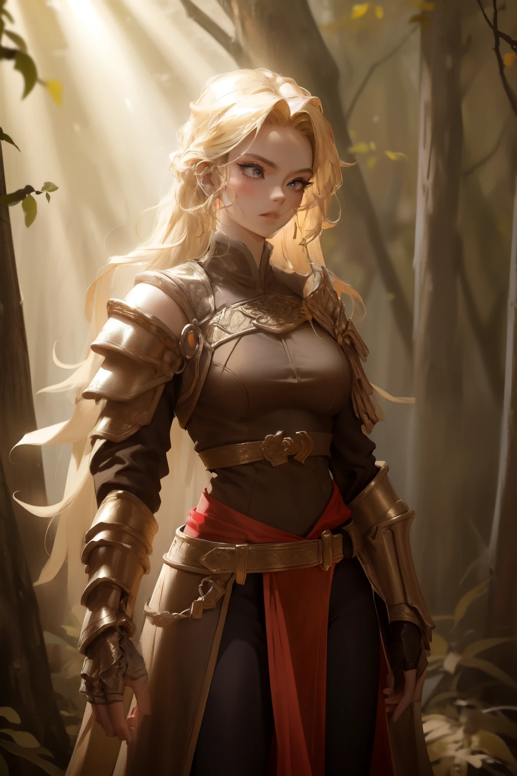 A solitary human archer, graced by the golden sunrays filtering through the dense canopy of the ancient forest, stands tall with a posture of grace and agility. Dressed in a vibrant red shirt, the fabric molds to her perfectly sculpted physique, showcasing her slim waist and athletic build. The shirt is complemented by black pants, fitted to her long, messy blonde hair that cascades down her shoulders.

Shoulder pads and gauntlets, crafted with intricate details, adorn her upper body, adding an element of strength and power to her appearance. Her hands, a masterpiece of sculpture, are adorned with five fingers