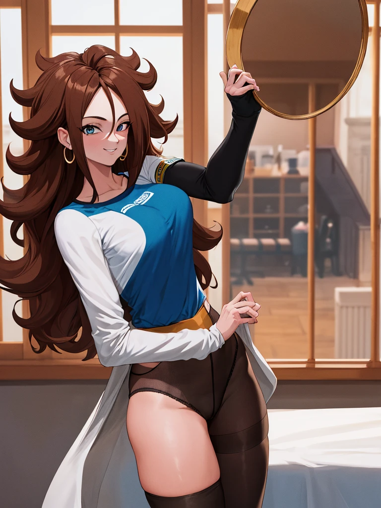 masterpiece, best quality, highres, aaandro, black g-string, brown hair, long hair, curly hair, blue eyes, hoop earrings, wearing a white Real Madrid shirt, long sleeves, black pantyhose, dragon ball, indoors, standing, cowboy shot, smile, big window in the background,