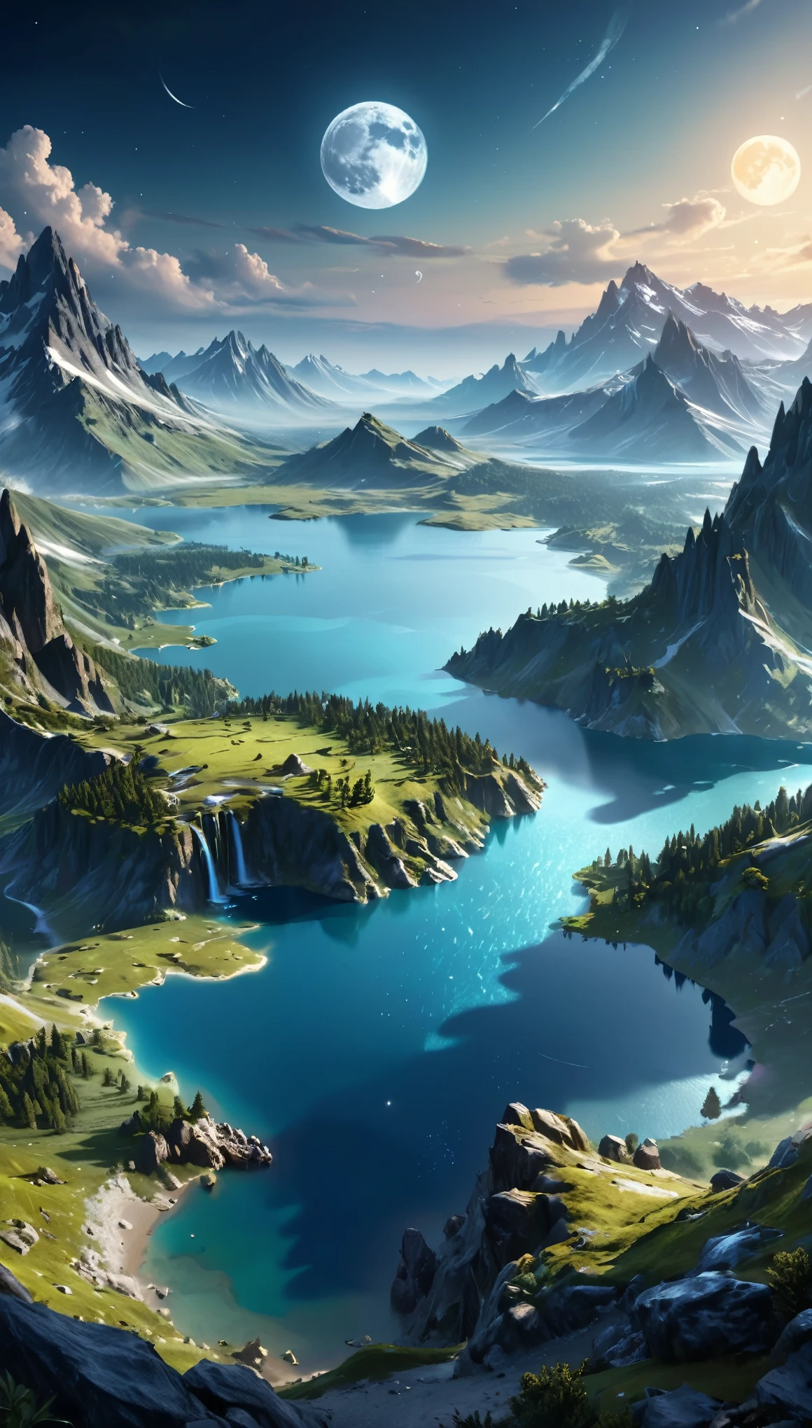 Mountains and lake with moon in the sky、highly detailed digital art in 4K、4K HD Wallpapers Highly detailed and impressive fantasy landscapes、Sci-Fi Fantasy Desktop Wallpaper、Unreal Engine 4K Wallpapers、4K detailed digital art、Sci-Fi Fantasy Wallpaper、Spectacular dreamy fantasy landscape、4K HD Matte Digital Painting、Stunning artwork in 8k