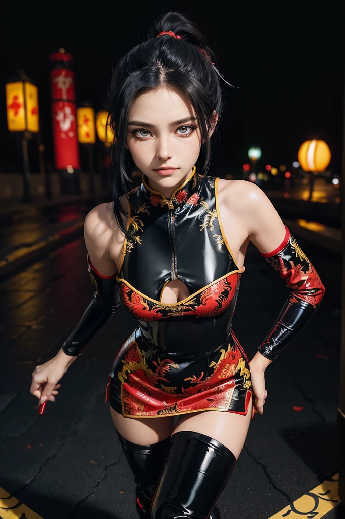 (RAW photo, best quality), Cute girl with short black hair, (ponytail), (city roof at night background), low light , dark eyeliner, innocent smile, gorgeous face , super cute, 18 years old , young looking, hyper detailed face, dark eyeliner, (medium breast), (thin waist, super slender), (bare shoulders, (exposed hips), skintight black and red PVC qipao short dress with yellow dragon decoration and vivid red patterns, deep black leather thigh high boots, black and red PVC arm sleeves with yellow flower decorations and vivid red patterns, cleavage