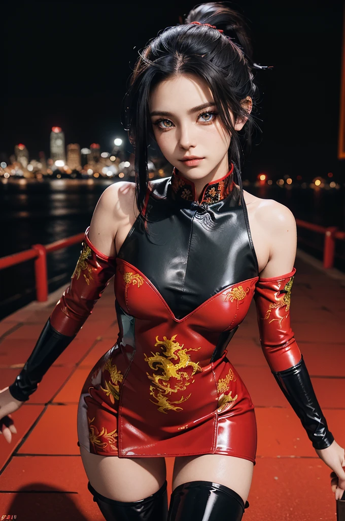 (RAW photo, best quality), Cute girl with short black hair, (ponytail), (city roof at night background), low light , dark eyeliner, innocent smile, gorgeous face , super cute, 18 years old , young looking, hyper detailed face, dark eyeliner, (medium breast), (thin waist, super slender), (bare shoulders, (exposed hips), skintight black and red PVC qipao short dress with yellow dragon decoration and vivid red patterns, deep black leather thigh high boots, black and red PVC arm sleeves with yellow flower decorations and vivid red patterns, cleavage