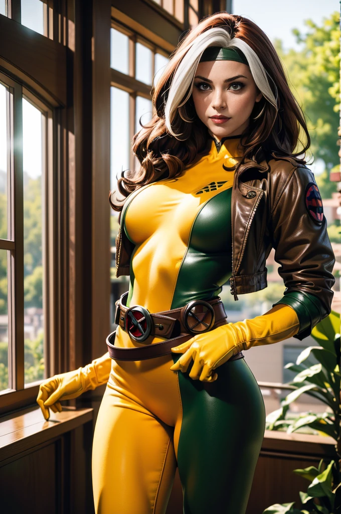 (masterpiece:1.0), (best_quality:1.2), (dark shot:1.3), Rogue from X-Men, 1 girl, Only 1, cowboy shot, looking back at viewer, candid, medium length hair, auburn hair, wavy hair, messy hair, one lock of white hair, green eyes, headband, jacket, gloves, belt, boots, sultry look, sexy smirk, fit figure, medium breasts, lipstick, makeup, light source from behind, (realism: 1.5), (Realistic: 1.4), (Absurdity:1.4), 8k, ultra-detailed, Detailed Beautiful Woman, very physically fit girl, standing in a mansion conservatory, bright sunlight, arched windows, colorful plants, official art, extremely detailed CG unity 8k wallpaper, perfect lighting, Colorful, ultra high res, photography, 8K, HDR, Kodak portra 400, film grain, blurry background, (bokeh:1.2), (vibrant_color:1.2), film grain:1.2, (warm hue, warm tone:1.2), (color photo), professional photograph