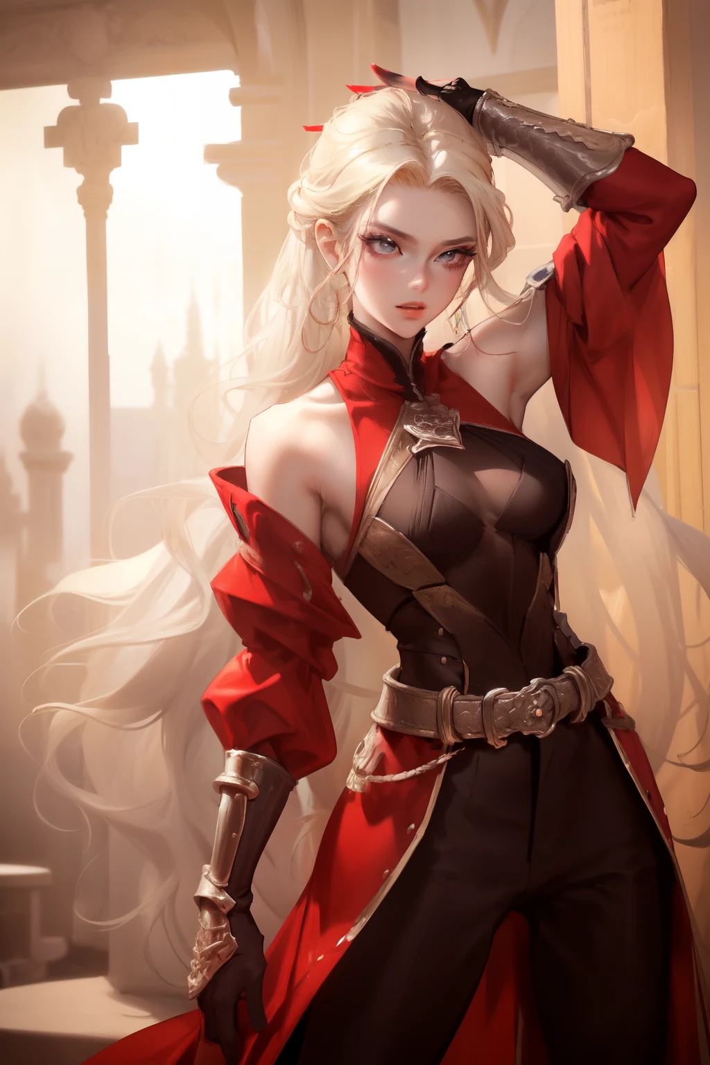 A solitary human archer, adorned with a radiant red shirt and sleek black pants, accented by intricately designed shoulder pads and arm gauntlets. The long, messy platinum blonde hair cascades down her back, framing her slender, captivating physique. Her body, sculpted with the finesse of a masterpiece, exudes an air of allure and grace.

Her face, a perfect blend of detail and refinement, showcases an expression of focus and determination. Each feature is meticulously crafted, displaying a nose bridge as sharp as an arrowhead, a mouth curved into a slight smile, and eyes as deep and intr