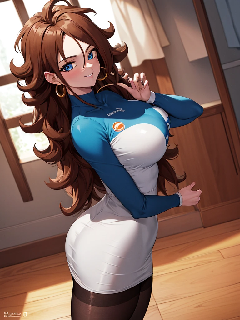 masterpiece, best quality, highres, aaandro, black g-string, brown hair, long hair, curly hair, blue eyes, hoop earrings, wearing a white Real Madrid shirt, long sleeves, pencil skirt, black pantyhose, dragon ball, indoors, room, standing, cowboy shot, smile, big window in the background,