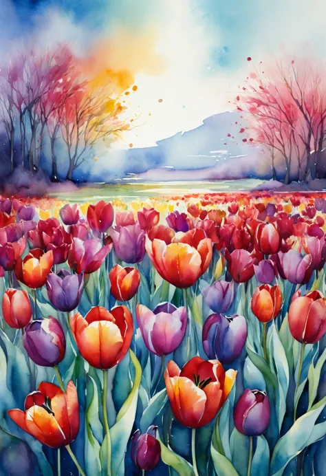 A captivating cinematic watercolor painting by artist Paola Salomé, featuring a vibrant explosion of colorful tulips. The flower...