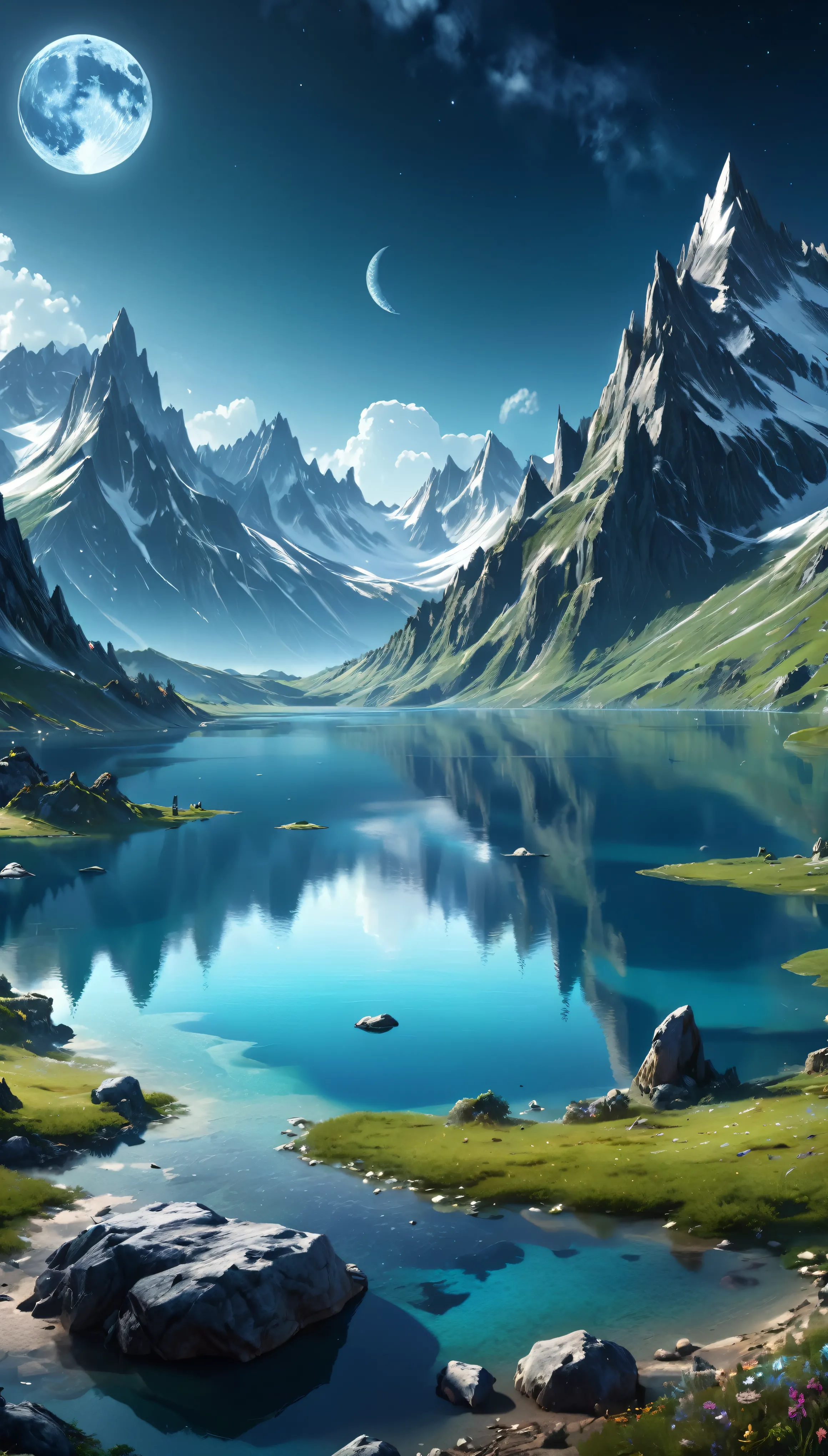 Mountains and lake with moon in the sky、highly detailed digital art in 4K、4K HD Wallpapers Highly detailed and impressive fantas...