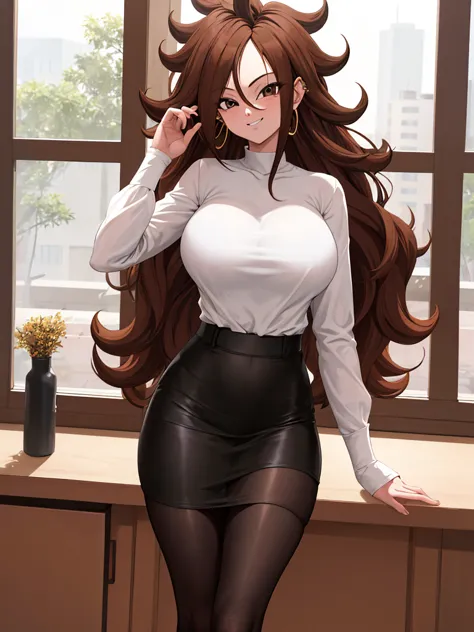 masterpiece, best quality, highres, aaandro, black g-string, brown hair, long hair, curly hair, hoop earrings, wearing a white t...