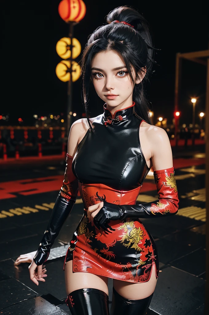 (RAW photo, best quality), Cute girl with short black hair, (ponytail), (city roof at night background), low light , dark eyeliner, innocent smile, gorgeous face , super cute, 18 years old , young looking, hyper detailed face, dark eyeliner, (medium breast), (thin waist, super slender), (bare shoulders, (exposed hips), skintight black and red PVC qipao short dress with yellow dragon decoration and vivid red patterns, deep black leather thigh high boots, black and red PVC arm sleeves with yellow flower decorations and vivid red patterns, cleavage, hands on waist, one leg in front of the other