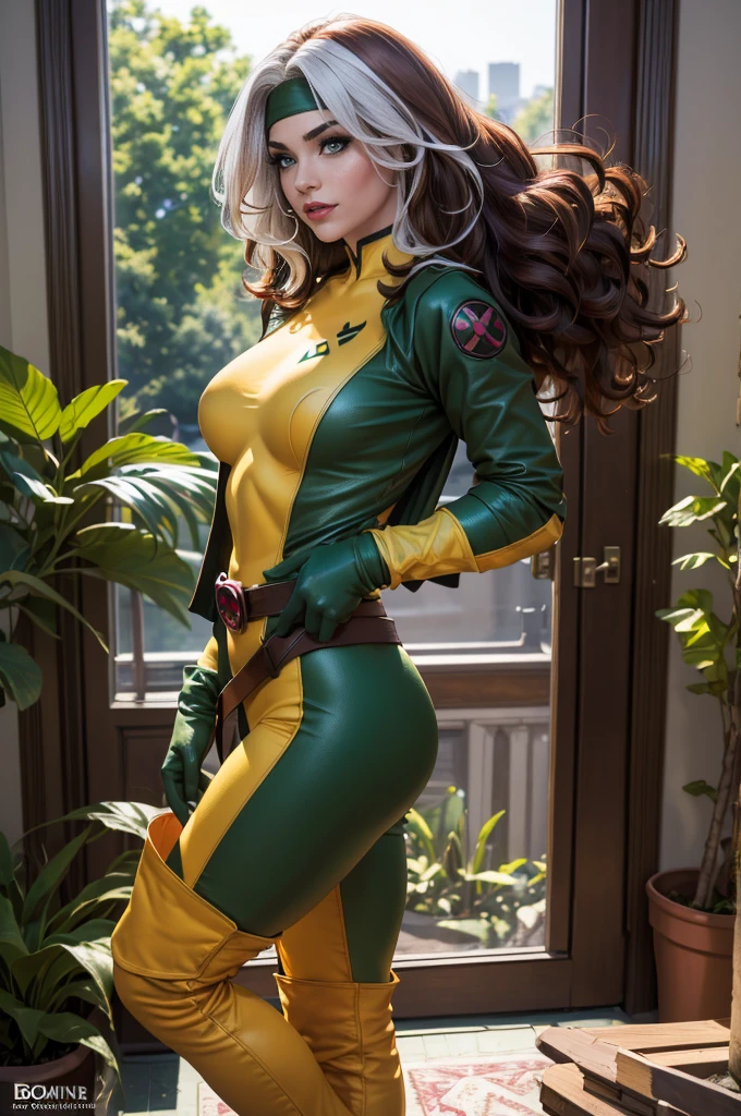 (masterpiece:1.0), (best_quality:1.2), (dark shot:1.3), Rogue from X-Men, 1 girl, Only 1, cowboy shot, looking back at viewer, candid, medium length hair, auburn hair, wavy hair, messy hair, one lock of white hair, green eyes, headband, jacket, gloves, belt, boots, sultry look, sexy smirk, fit figure, medium breasts, lipstick, makeup, light source from behind, (realism: 1.5), (Realistic: 1.4), (Absurdity:1.4), 8k, ultra-detailed, Detailed Beautiful Woman, very physically fit girl, standing in a mansion conservatory, bright sunlight, arched windows, colorful plants, official art, extremely detailed CG unity 8k wallpaper, perfect lighting, Colorful, ultra high res, photography, 8K, HDR, Kodak portra 400, film grain, blurry background, (bokeh:1.2), (vibrant_color:1.2), film grain:1.2, (warm hue, warm tone:1.2), (color photo), professional photograph