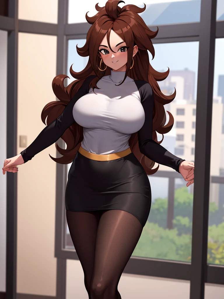 (solo)), masterpiece, best quality, highres, big hips. perfectly round breasts, hourglass body, aaandro, black g-string, brown hair, long hair, curly hair, hoop earrings, wearing a white tshirt, long sleeves, black pencil skirt, black pantyhose, dragon ball, indoors, room, standing, cowboy shot, smile, big window in the background,