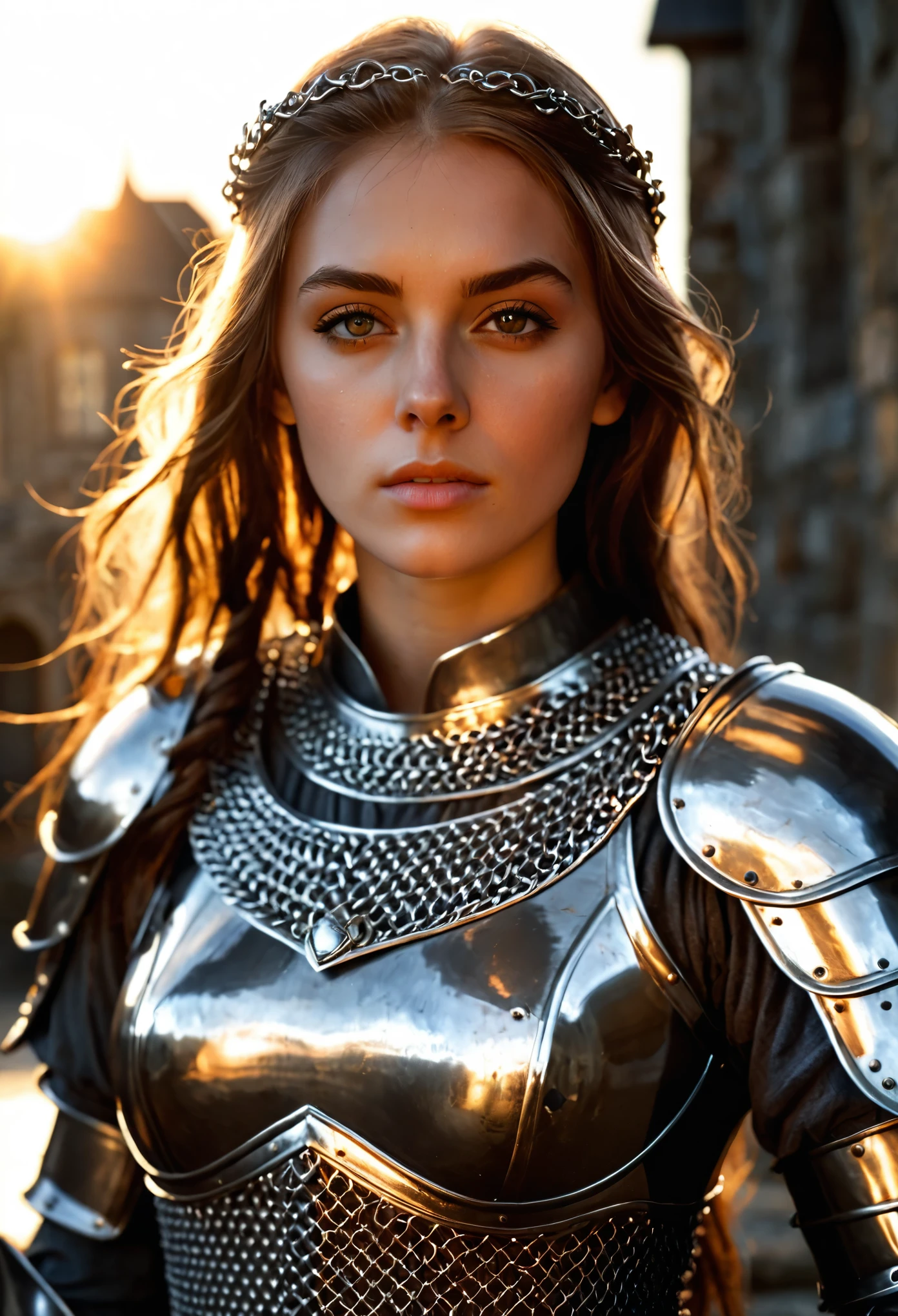 (masterpiece), (extremely intricate:1.3), (realistic), portrait of a girl, the most beautiful in the world, (medieval armor), metal reflections, upper body, outdoors, intense sunlight, far away castle, professional photograph of a stunning woman detailed, sharp focus, dramatic, award winning, cinematic lighting, octane render  unreal engine,  volumetrics dtx, (film grain, blurry background, blurry foreground, bokeh, depth of field, sunset, motion blur:1.3), chainmail