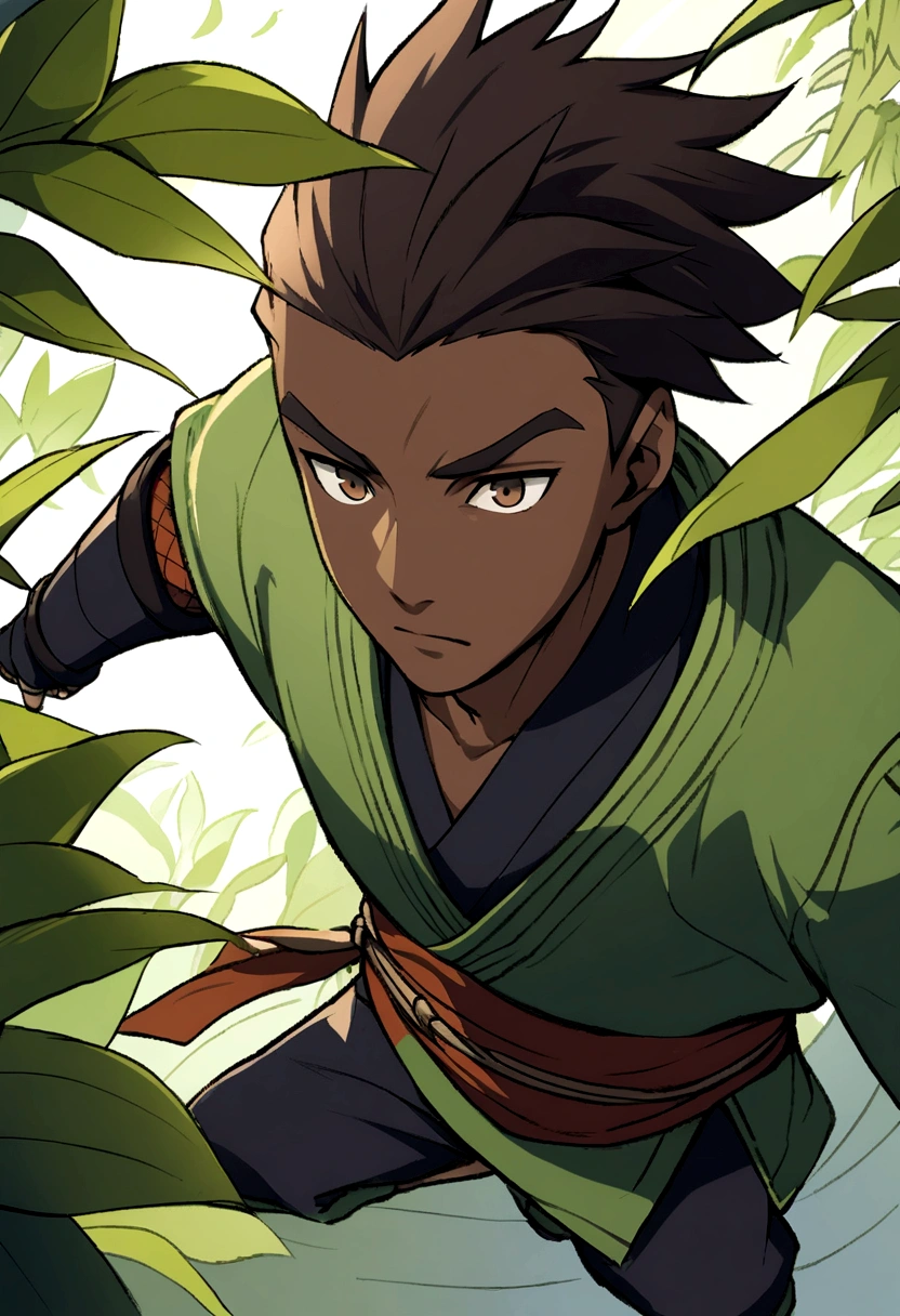 illustration of a ninja boy from the leaf village with dark brown skin 