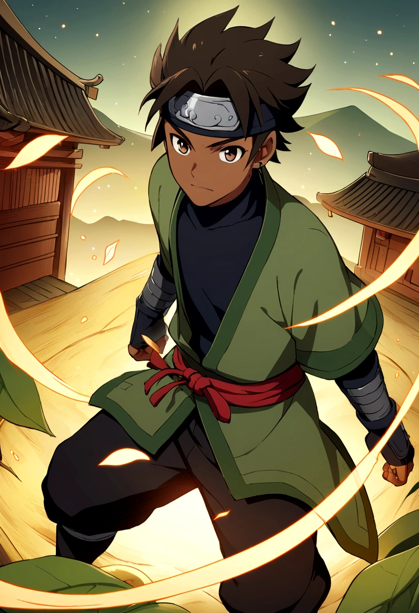 illustration of a ninja boy from the leaf village with dark brown skin 