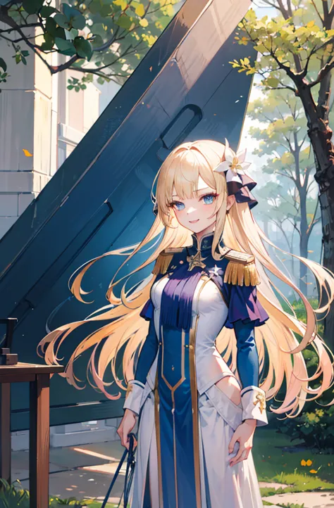 (standing painting: 1.2) + (1girl:1.5)+ golden hair + princess cut + white knight uniform + detailed eyes and nose + deep blue e...