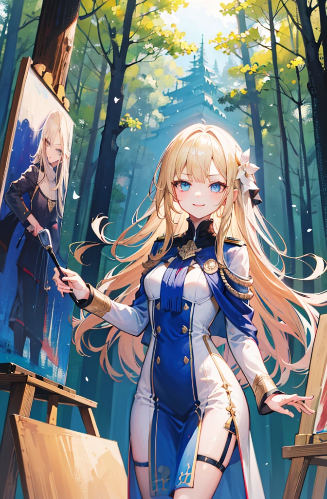 (Standing painting: 1.2) + (1girl:1.5)+ golden hair + princess cut + white knight uniform + detailed eyes and nose + deep blue eyes +  white battle uniform + domineering, masterpiece, best quality,evil smile,holy,((forest background)),adult,