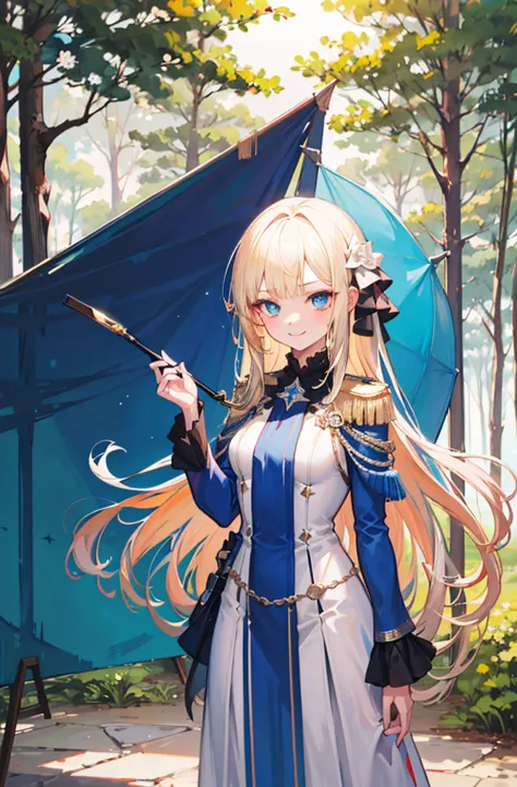 (standing painting: 1.2) + (1girl:1.5)+ golden hair + princess cut + white knight uniform + detailed eyes and nose + deep blue e...