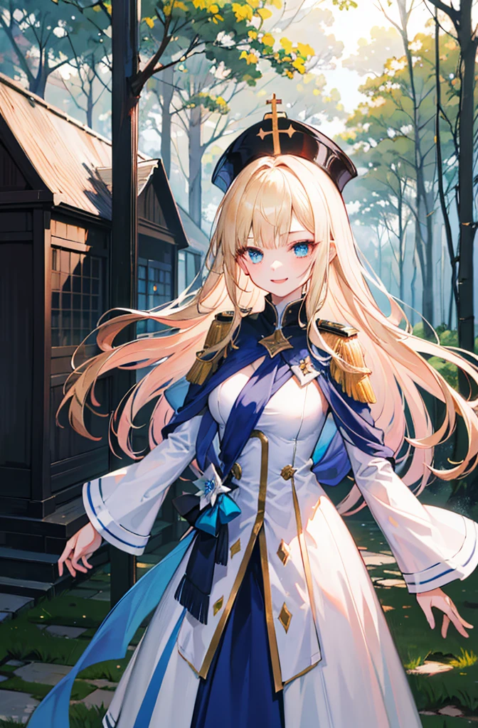 (Standing painting: 1.2) + (1girl:1.5)+ golden hair + princess cut + white knight uniform + detailed eyes and nose + deep blue eyes +  white battle uniform + domineering, masterpiece, best quality,evil smile,holy,((forest background)),adult,