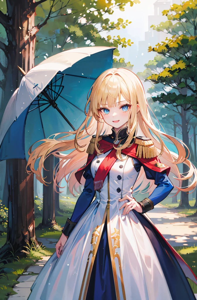 (Standing painting: 1.2) + (1girl:1.5)+ golden hair + princess cut + white knight uniform + detailed eyes and nose + deep blue eyes +  white battle uniform + domineering, masterpiece, best quality,evil smile,holy,((forest background)),adult,