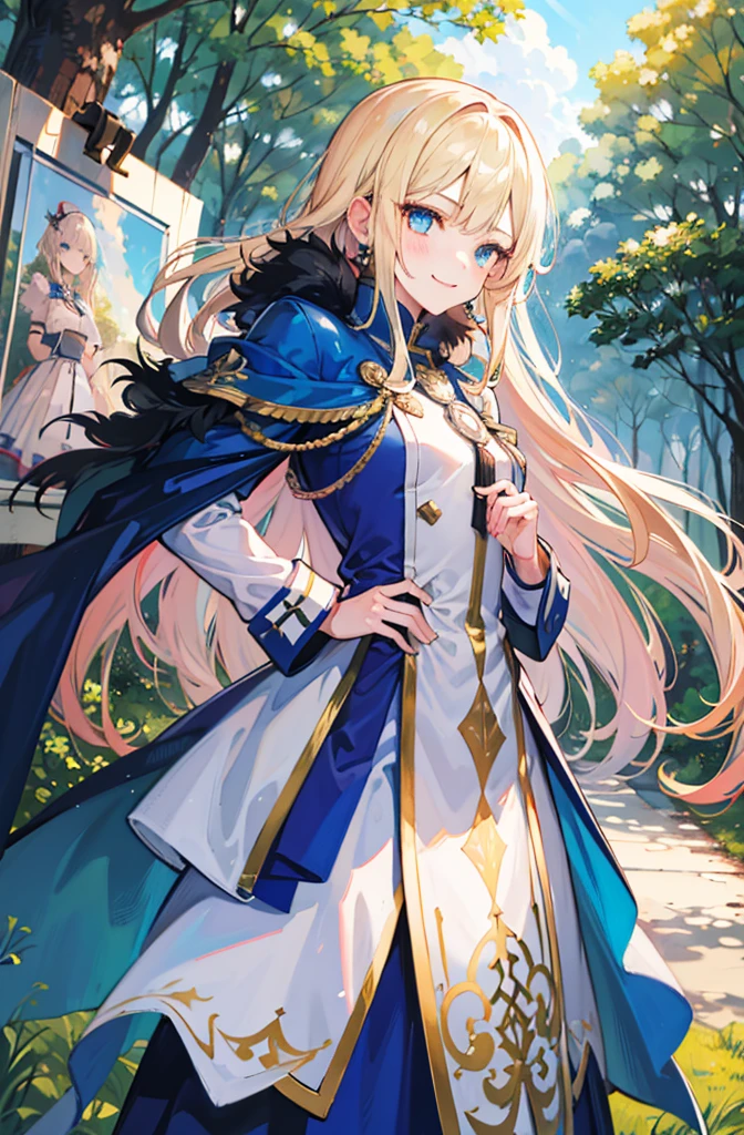 (Standing painting: 1.2) + (1girl:1.5)+ golden hair + princess cut + white knight uniform + detailed eyes and nose + deep blue eyes +  white battle uniform + domineering, masterpiece, best quality,evil smile,holy,((forest background)),adult,