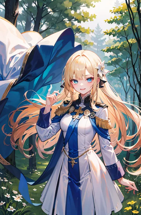 (standing painting: 1.2) + (1girl:1.5)+ golden hair + princess cut + white knight uniform + detailed eyes and nose + deep blue e...