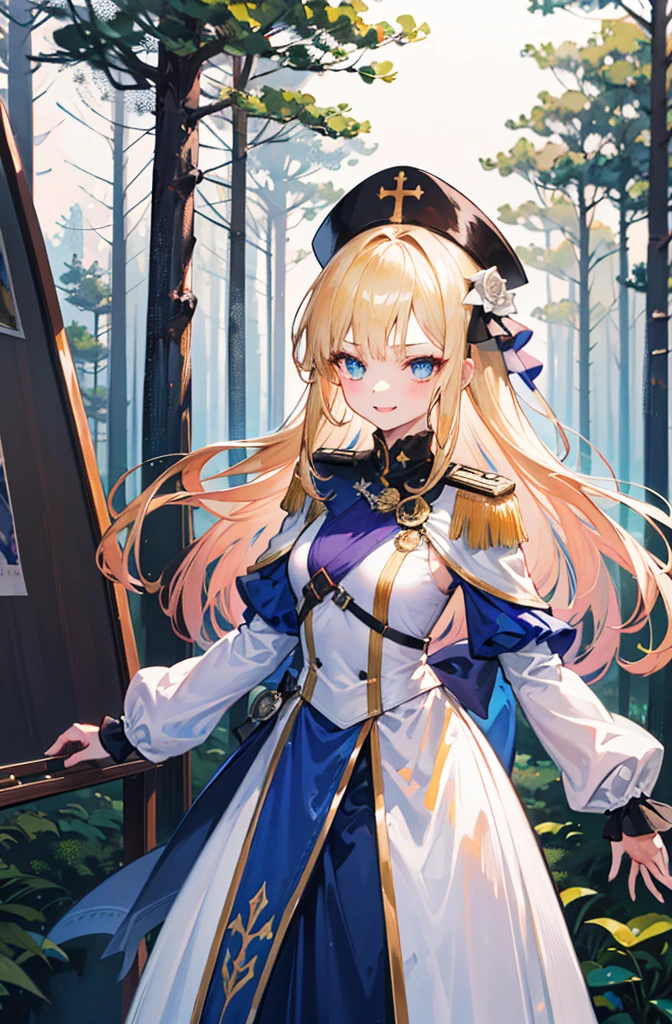 (Standing painting: 1.2) + (1girl:1.5)+ golden hair + princess cut + white knight uniform + detailed eyes and nose + deep blue eyes +  white battle uniform + domineering, masterpiece, best quality,evil smile,holy,((forest background)),adult,