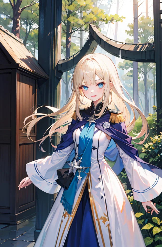 (Standing painting: 1.2) + (1girl:1.5)+ golden hair + princess cut + white knight uniform + detailed eyes and nose + deep blue eyes +  white battle uniform + domineering, masterpiece, best quality,evil smile,holy,((forest background)),adult,