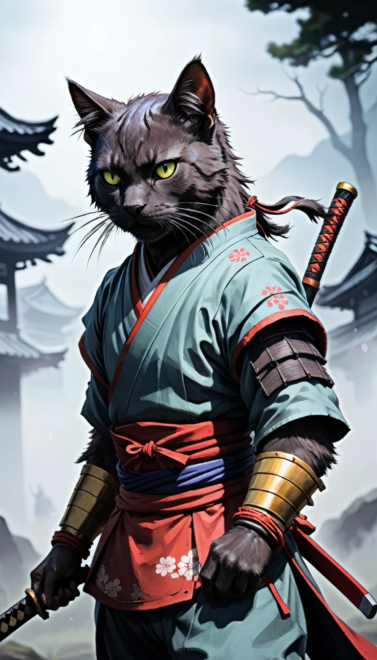 (drawing:1.3),Samurai Cat, battlefield, (Anime Art), 2D, colorful, Dark atmosphere