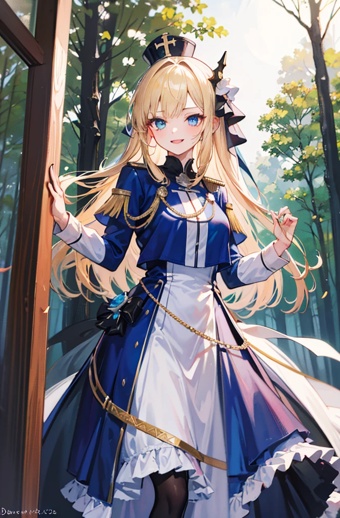 (Standing painting: 1.2) + (1girl:1.5)+ golden hair + princess cut + white knight uniform + detailed eyes and nose + deep blue eyes +  white battle uniform + domineering, masterpiece, best quality,evil smile,holy,((forest background)),adult,