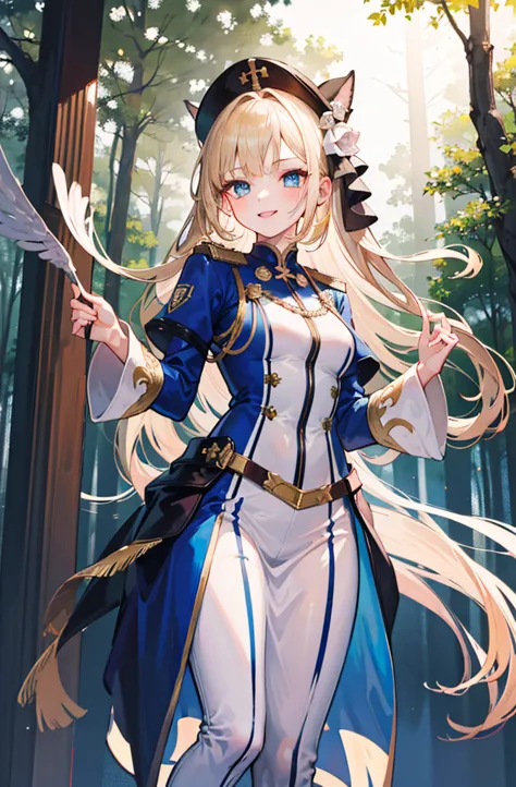 (standing painting: 1.2) + (1girl:1.5)+ golden hair + princess cut + white knight uniform + detailed eyes and nose + deep blue e...