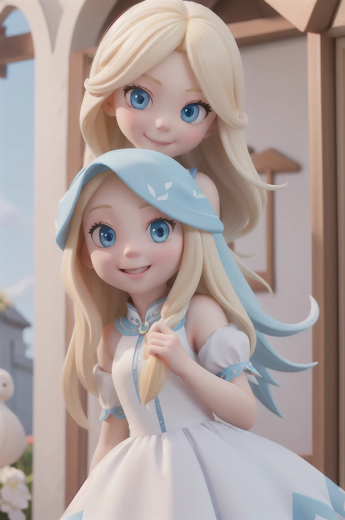 a with long blonde hair and light blue eyes finds herself in an imaginative fantasy world
white dress, she is a  6 years, she smiling