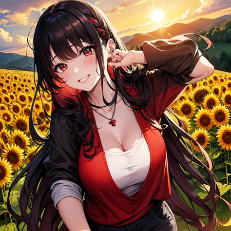 anime panel, woman, Korean, long black curly hair with red highlights, red, slanted eyes, casual clothes, black tank top, ear pi...