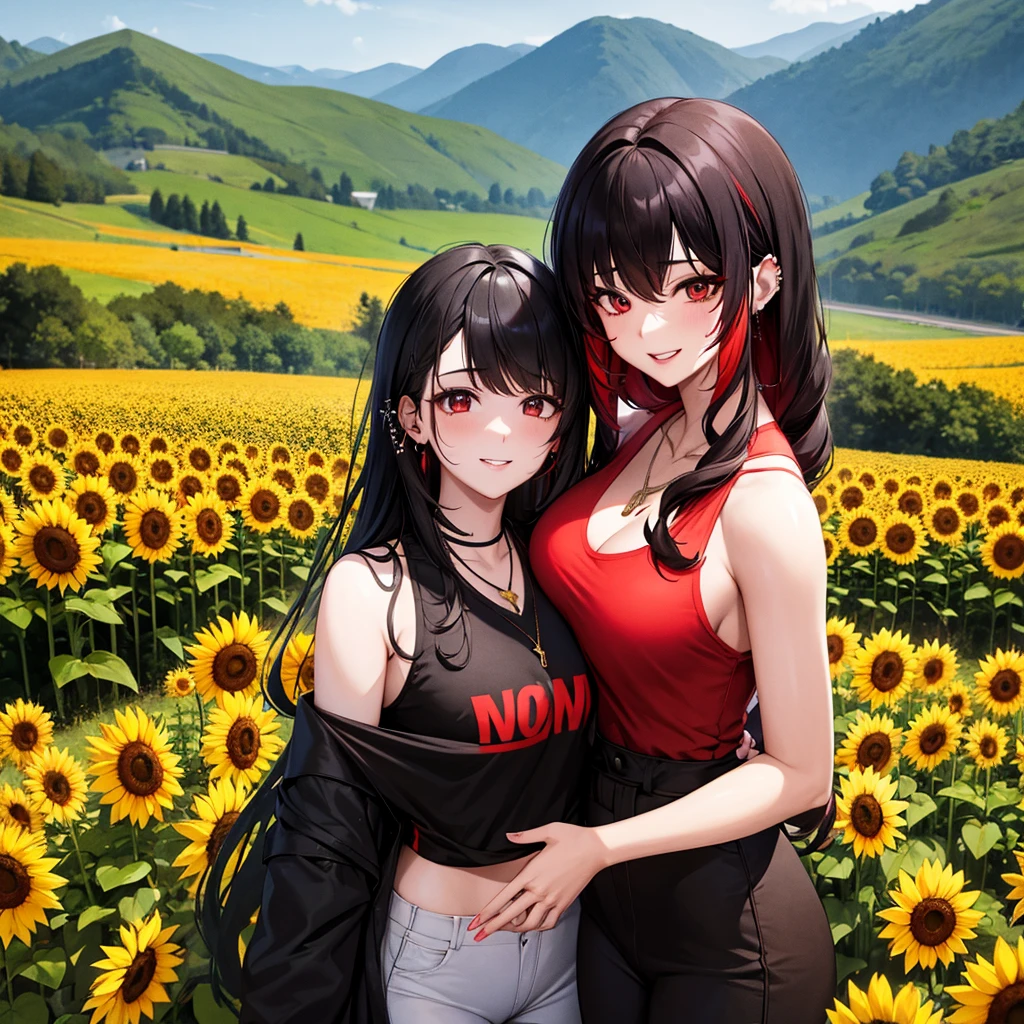 anime panel, woman, Korean, long black curly hair with red highlights, red, slanted eyes, casual clothes, black tank top, ear piercing, necklace, hair illuminated by sunlight, background sunflower field, smiling showing teeth, blushing