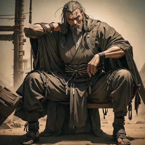 a strong man with long gray hair and gray beard, black and serious eyes, wearing black pants, without a kimono, poses sitting