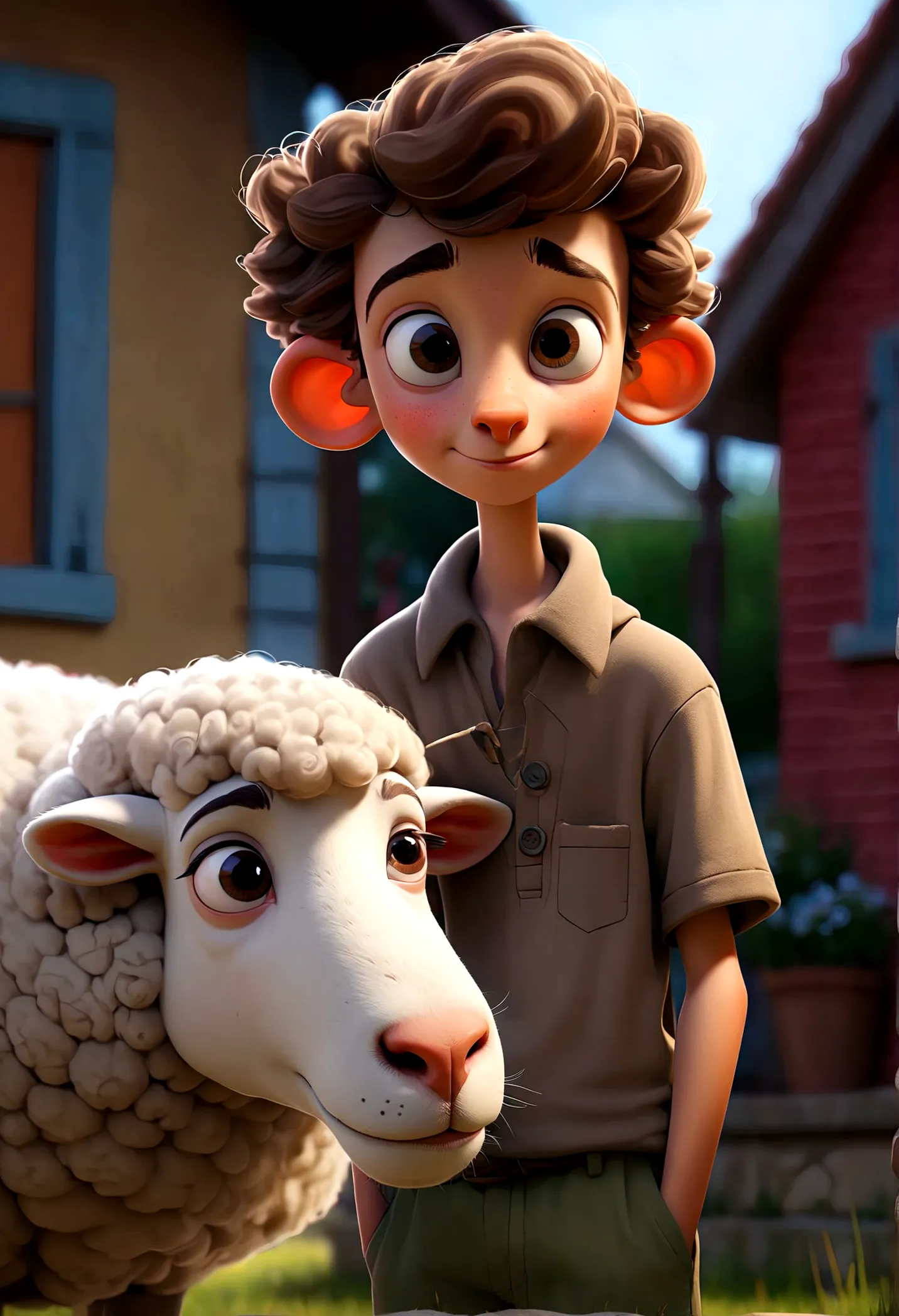 boy, Near the house, in the yard, and next to him is a sheep, Broad smile, detailed face, complex parts, very detailed, Cinemati...
