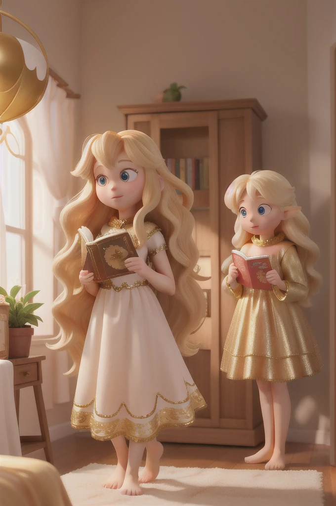 there is a golden-haired woman with beautiful big brown eyes with white sparkles, she is in her room, holding a book with a golden cover, she is standing in the fantasy world and in front of her is a fairy who talk to her, long hair blonde