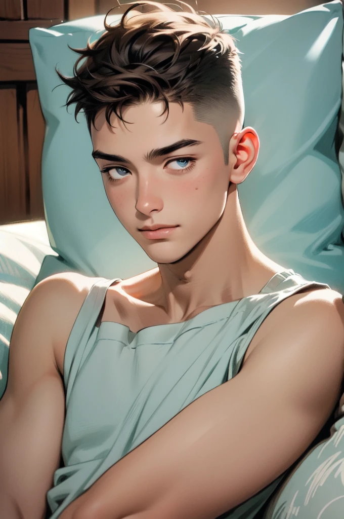 ((highest quality, masterpiece, 4k, finely detailed, detailed eyes, detailed face, intricate details)), ((solo)), male focus, 1boy, Manhwa oil painting realistic, digital art, male character, young, hair light brown, hair buzz cut, shaved scalp, cyan blue eyes, relaxed, round face, body muscular body, beach background, smiling, half-closed eyes, rosy cheeks, lying in bed, head on pillow, no shirt, 8k, ultra realistic 