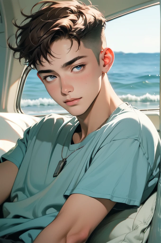 ((highest quality, masterpiece, 4k, finely detailed, detailed eyes, detailed face, intricate details)), ((solo)), male focus, 1boy, Manhwa oil painting realistic, digital art, male character, young, hair light brown, hair buzz cut, shaved scalp, cyan blue eyes, relaxed, round face, body muscular body, beach background, smiling, half-closed eyes, rosy cheeks, lying in bed, head on pillow, no shirt, 8k, ultra realistic 