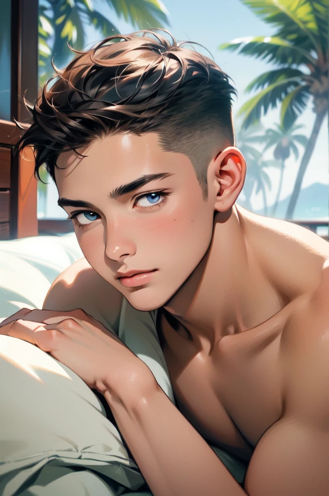 ((highest quality, masterpiece, 4k, finely detailed, detailed eyes, detailed face, intricate details)), ((solo)), male focus, 1boy, Manhwa oil painting realistic, digital art, male character, young, hair light brown, hair buzz cut, shaved scalp, cyan blue eyes, relaxed, round face, body muscular body, beach background, smiling, half-closed eyes, rosy cheeks, lying in bed, head on pillow, no shirt, 8k, ultra realistic 