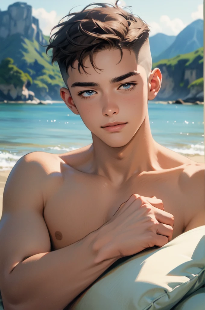 ((highest quality, masterpiece, 4k, finely detailed, detailed eyes, detailed face, intricate details)), ((solo)), male focus, 1boy, Manhwa oil painting realistic, digital art, male character, young, hair light brown, hair buzz cut, shaved scalp, cyan blue eyes, relaxed, round face, body muscular body, beach background, smiling, half-closed eyes, rosy cheeks, lying in bed, head on pillow, no shirt, 8k, ultra realistic 