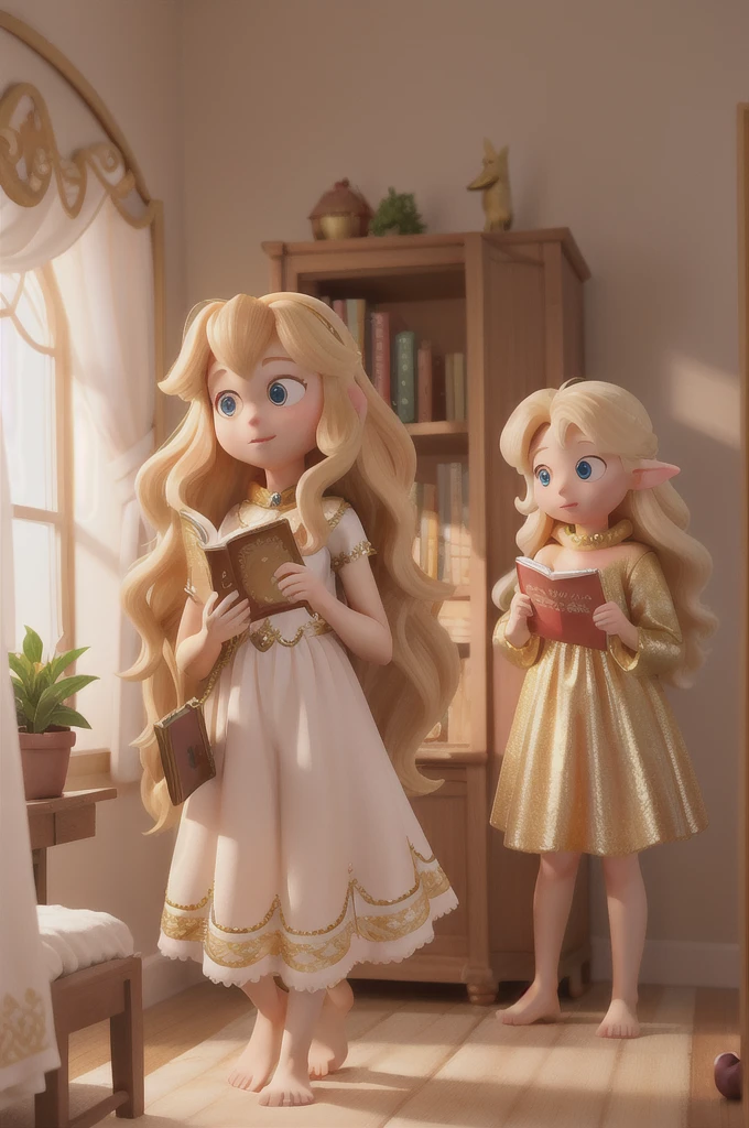 there is a golden-haired woman with beautiful big brown eyes with white sparkles, she is in her room, holding a book with a golden cover, she is standing in the fantasy world and in front of her is a fairy who talk to her, long hair blonde
