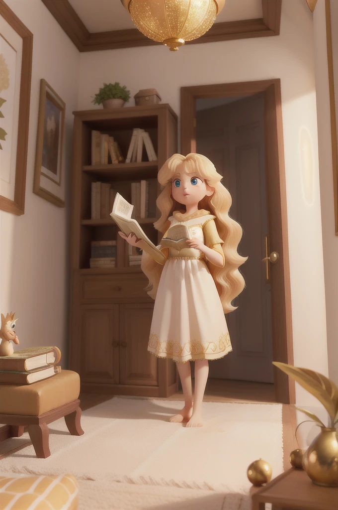 there is a golden-haired woman with beautiful big brown eyes with white sparkles, she is in her room, holding a book with a golden cover, she is standing in the fantasy world and in front of her is a fairy who talk to her, long hair blonde
