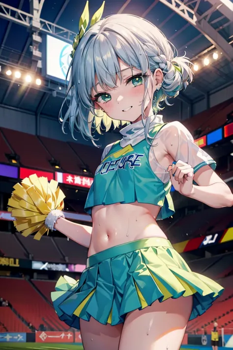 index, index,silver hair, (green eyes:1.5),long hair, (flat chest:1.2),grin,tooth,daytime,clear skies,
,(cheer leading), (whole ...