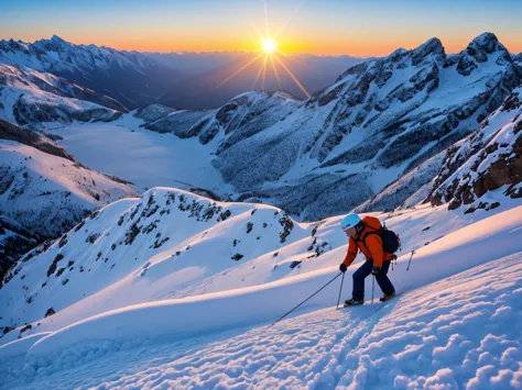 a determined climber climbing a steep snow-covered mountain, com o nascer do sol iluminando o horizonte e refletindo nos picos n...