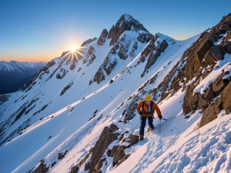 a determined climber climbing a steep snow-covered mountain, com o nascer do sol iluminando o horizonte e refletindo nos picos n...