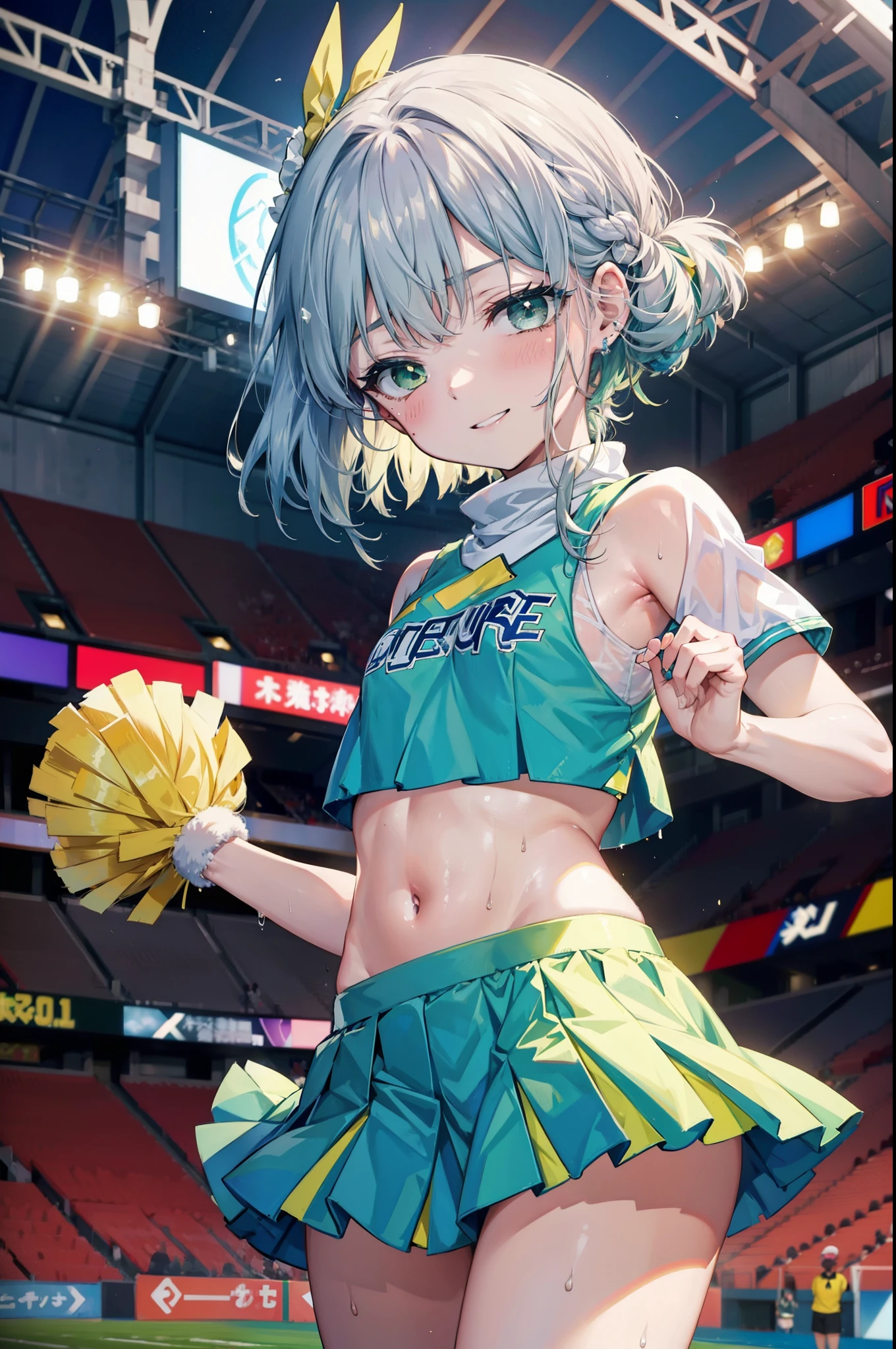 index, index,Silver Hair, (Green Eyes:1.5),Long Hair, (Flat Chest:1.2),Grin,tooth,Daytime,Clear skies,
,(cheer leading), (whole body), Lower, (Sweaty), Sweaty Wet Clothes, (White clothes),No sleeve, Pleated skirt,Black socks,sneakers, Belly button support, playground, (Jump), (Jump), 足を曲げてJumpする, air, blue sky, Grass原, smile,Cheerleader, Pom-pom \(cheer leading\)have, Grass, smile, whole bodyがイラストに入るように,
break looking at viewer, whole body,(Cowboy Shot:1. 5) ,
break indoors, Stadium,crowd, people々々,A packed audience,
break (masterpiece:1.2), Highest quality, High resolution, unity 8k wallpaper, (shape:0.8), (Fine and beautiful eyes:1.6), Highly detailed face, Perfect lighting, Highly detailed CG, (Perfect hands, Perfect Anatomy),