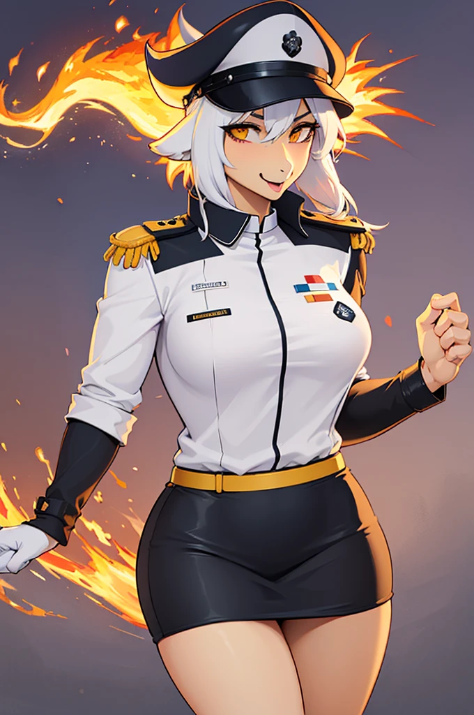 (masterpiece:1.2), (best quality:1.4), beautiful, high quality, (highres:1.1), detailed, extremely detailed 4K, perfect face, perfect lighting, (1girl, solo, adult female, mature female), (by bastika, by cutesexyrobutts, by hioshiru)
Typhlosion,
(fluffy fur, detailed fur, yellow eyes), muscular, (slim:1.4), (thin:1.3), (tall:1.2), [blue fur], fang, military uniform, breasts, tight clothes, black tight skirt, white background,
OfficerA, dress jacket, tassels, OffierA military hat, (fire neck:1.2), epaulets, collared_shirt, thigh gap, (white uniform:1.5), holding beer