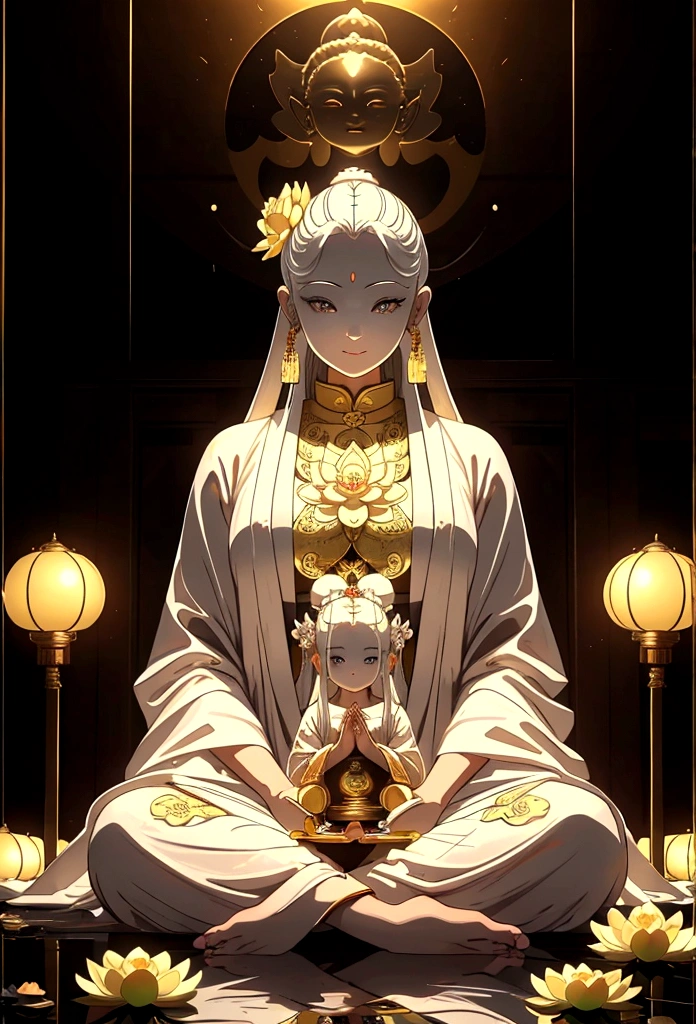 （Chinese hermit）, （Buddhism）, multi_Useful Stories）, （Buddha）, She is sitting on a lotus, (Symmetrical），（Delicate and beautiful face）, （White silk robe）Sitting on a lotus flower, Front view，A light smile, neoclassicism, About Art, Chiaroscuro, Cinema Lighting, Divine Light, Ray Tracing, Character Sheet, projected inset, First Person View, Hyper HD, masterpiece, Accurate, Textured skin, Super detailed, Attention to detail, high quality, Awards, 最high quality, High resolution, 8k,(big eyes 1.4)