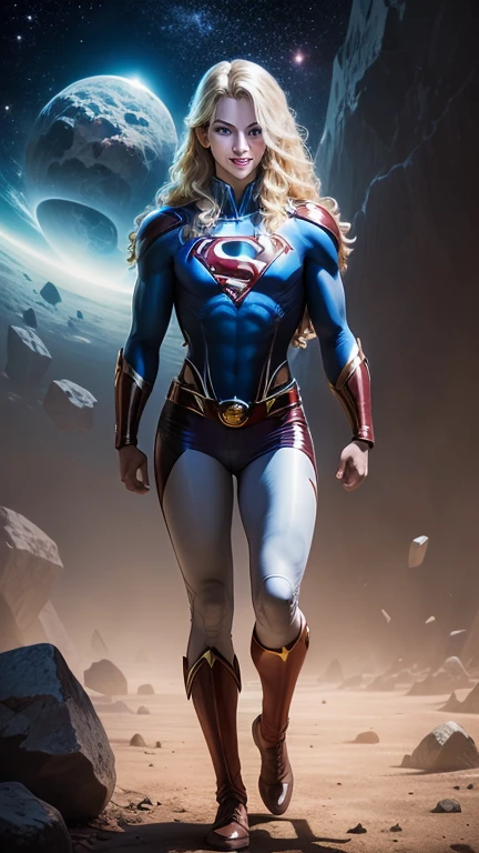 ((vue complète du corps)), (SUPERGIRL DANS L&#39;ESPACE), (Soulevez un astéroïde géant avec vos mains), (Terminez les héroïnes de DC Comics), externe, Mettez en valeur vos muscles et vos cicatrices. Le paysage est luxuriant，mystère, Avec la galaxie autour de toi. La caméra enregistre tout dans les détails. ((elle a les cheveux blonds, Elle a les cheveux longs)), (Elle a un sourire confiant, pose de héros), ( Son attitude est intrépide), ( Elle a une personnalité arrogante).